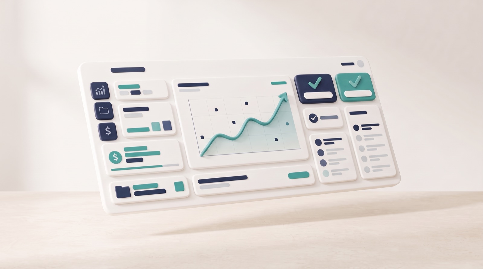 Kalm dashboard met grafiek, vinkjes en overzichtskaarten