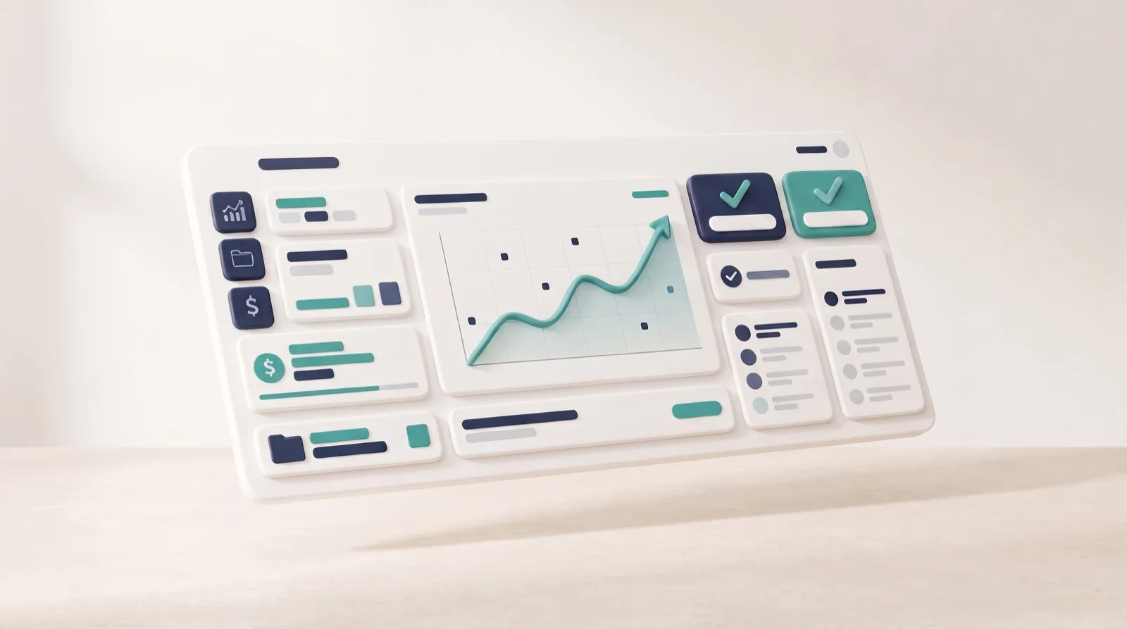 Kalm dashboard met grafiek, vinkjes en overzichtskaarten