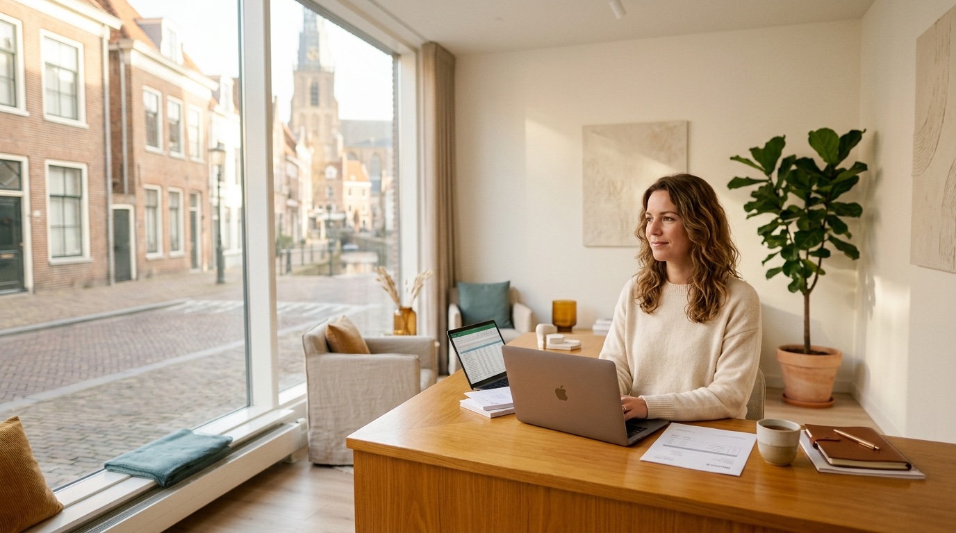 Fit in Finance — Boekhouder Amersfoort, ondernemer aan het werk met uitzicht op Amersfoort