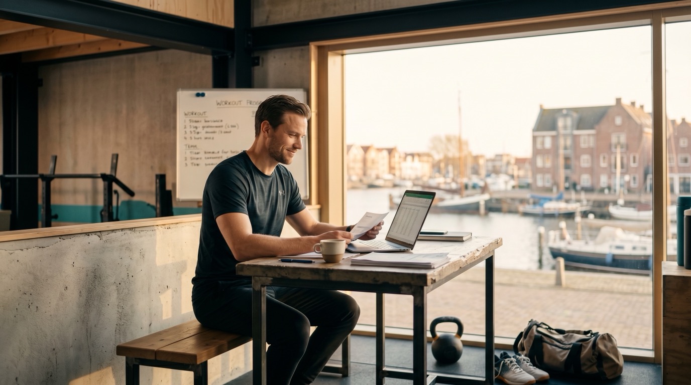 Fit in Finance — Administratiekantoor Harderwijk, ondernemer aan het werk met uitzicht op Harderwijk
