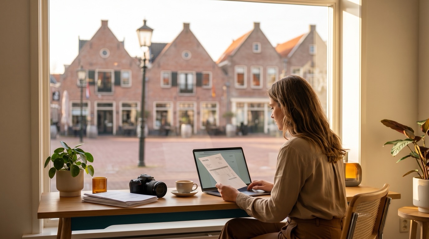 Fit in Finance — administratiekantoor in Nijkerk, ondernemer aan het werk met uitzicht op het historische centrum