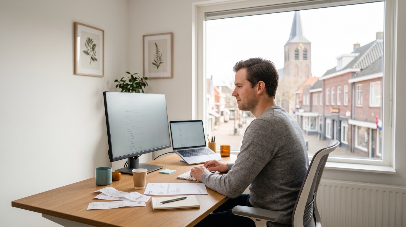 Fit in Finance — Administratiekantoor Putten, ondernemer aan het werk met uitzicht op Putten