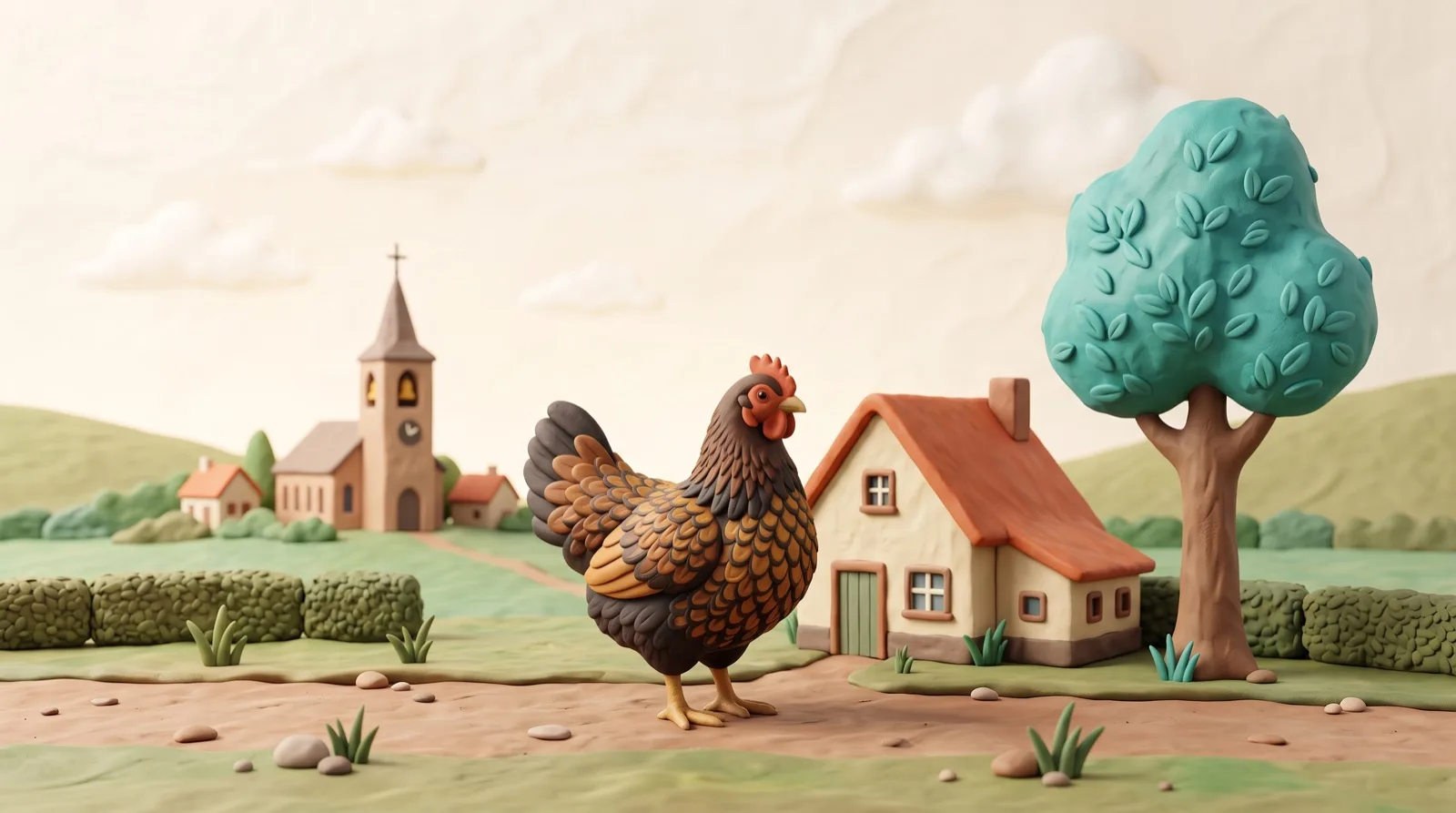 Een Barnevelder kip voor een boerderijtje in zachte klei-stijl
