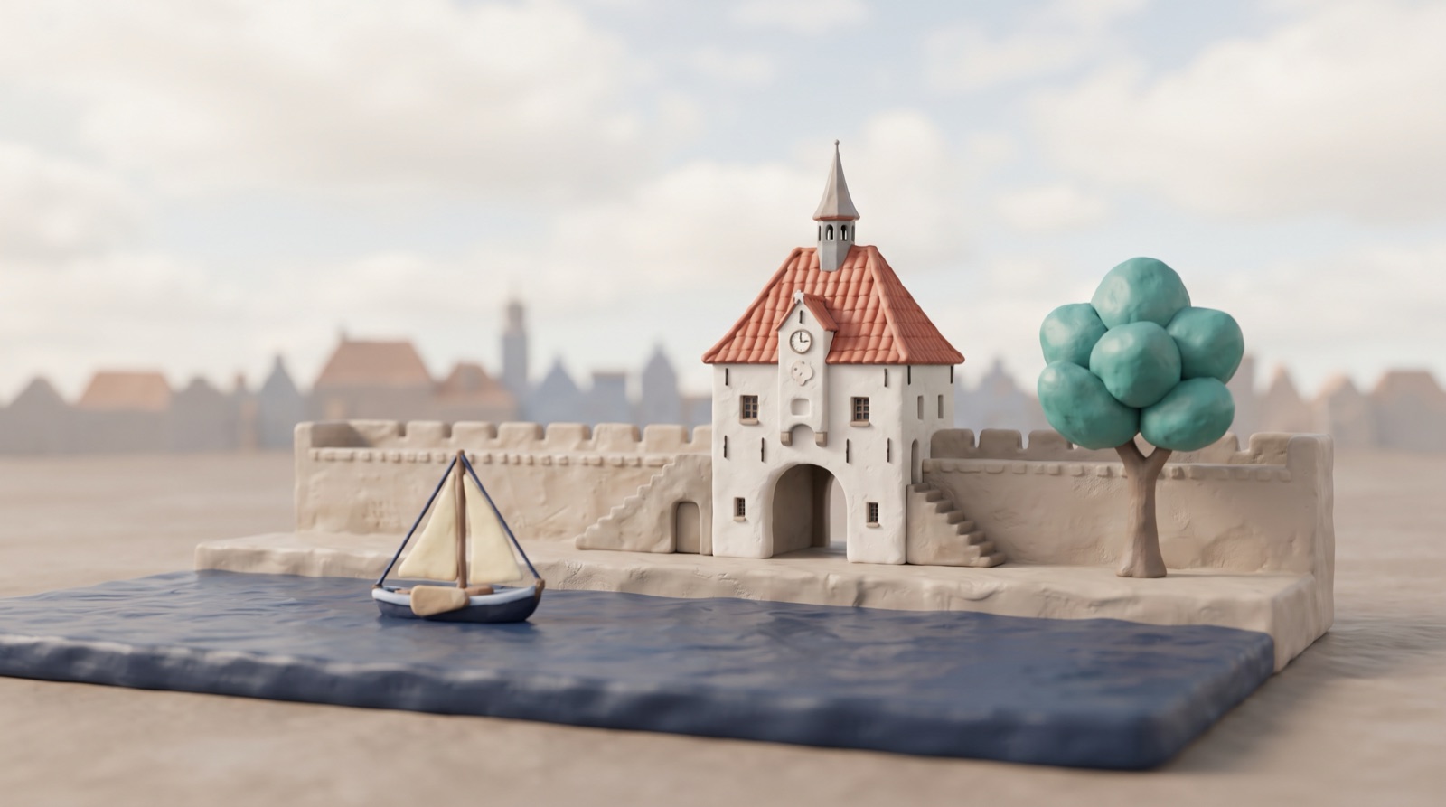 De Vischpoort van Harderwijk aan het water in zachte klei-stijl