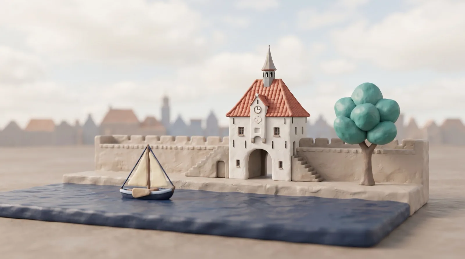 De Vischpoort van Harderwijk aan het water in zachte klei-stijl