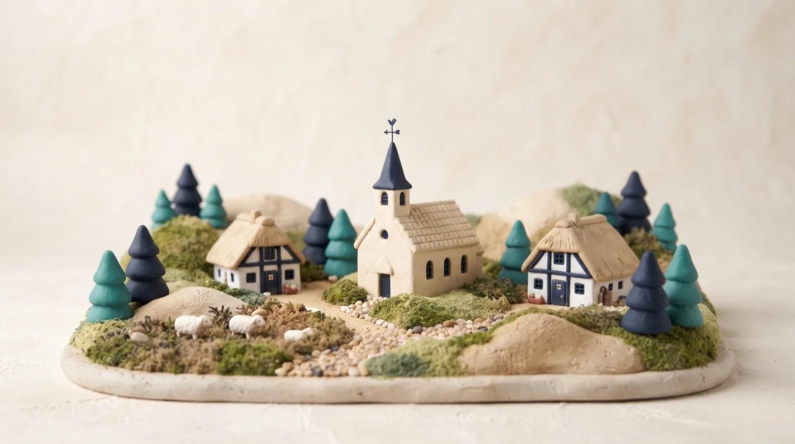 Een Veluws dorpsgezicht met kerkje en schapen in zachte klei-stijl